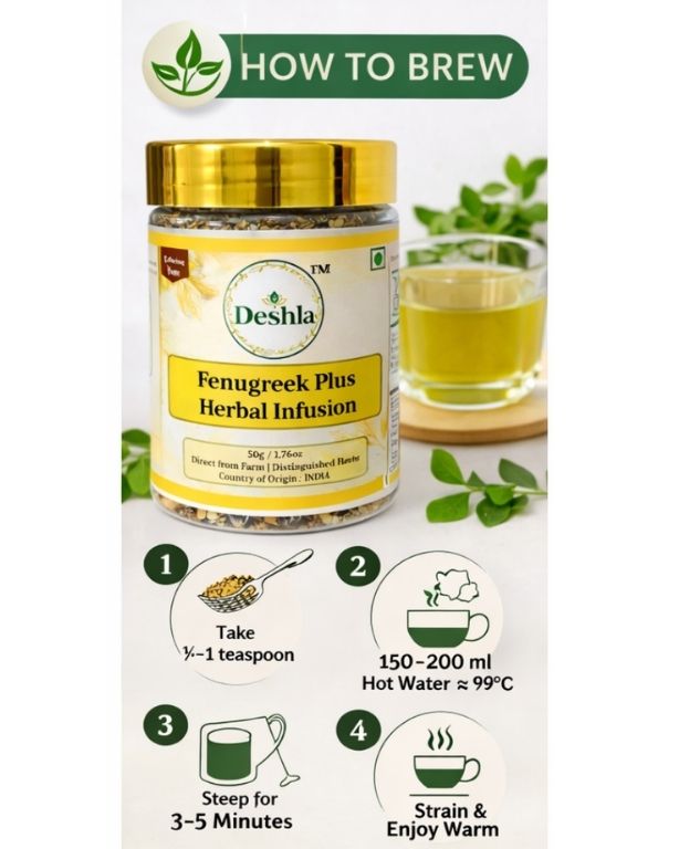 Deshla Fenugreek Plus Herbal Infusion packaging with brewing instructions and a glass of tea.