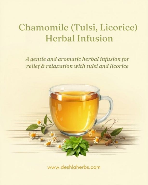 Glass of chamomile (Tulsi, Licorice) herbal infusion with text on a light background