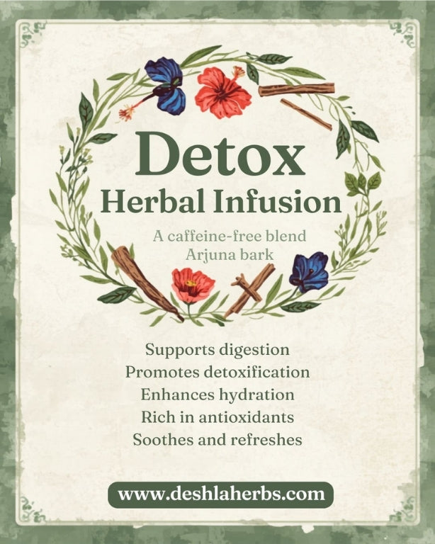 Advertisement for Detox Herbal Infusion with herbs and flowers on a light background