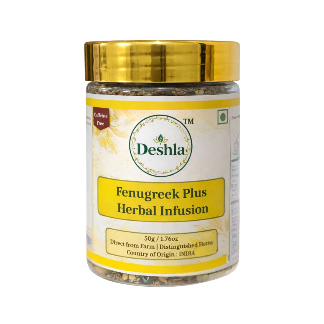 Jar of Deshla Fenugreek Plus Herbal Infusion with gold lid on a white background