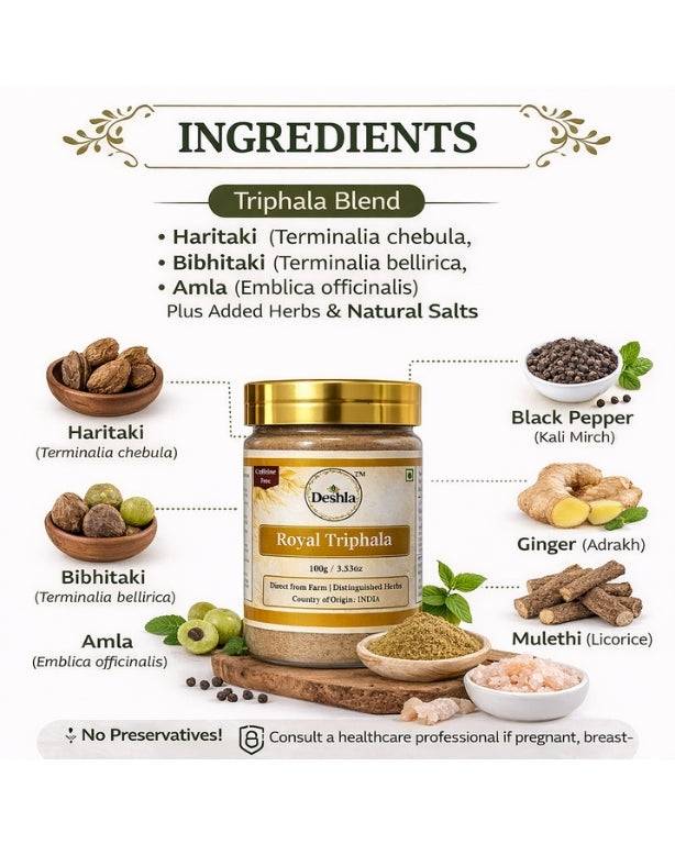 Deshla Royal Triphala Blend ingredients displayed with a jar of the product.