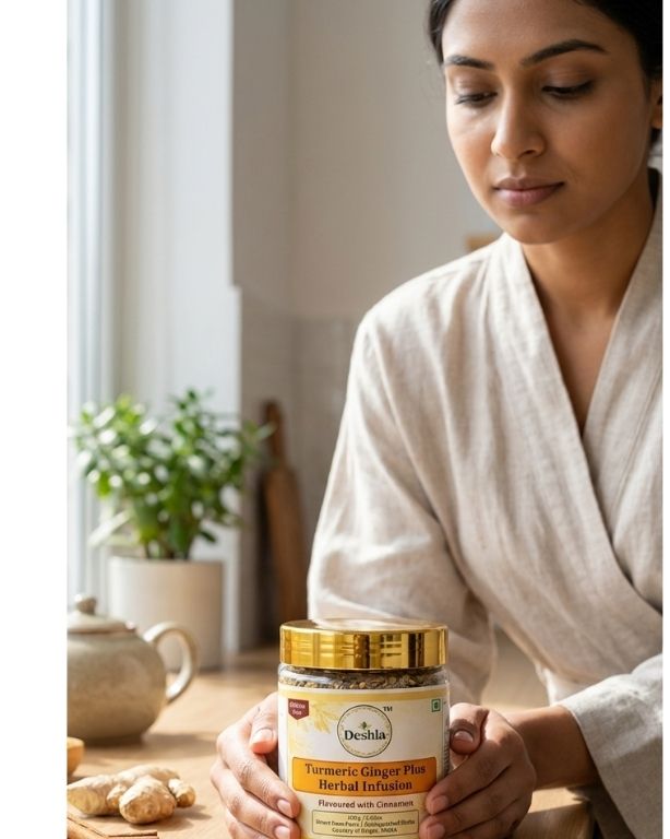 Woman holding a jar of Deshla Turmeric Ginger Plus Herbal Infusion in a home setting.