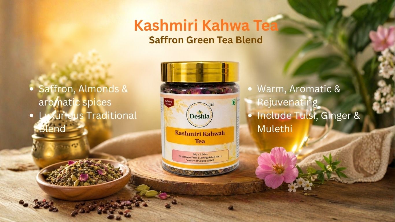 Kashmiri Kahwa Tea blend with packaging on a wooden surface with flowers and tea leaves.