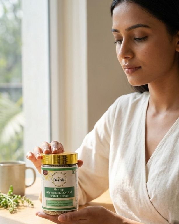 A women in a robe holding moringa jar