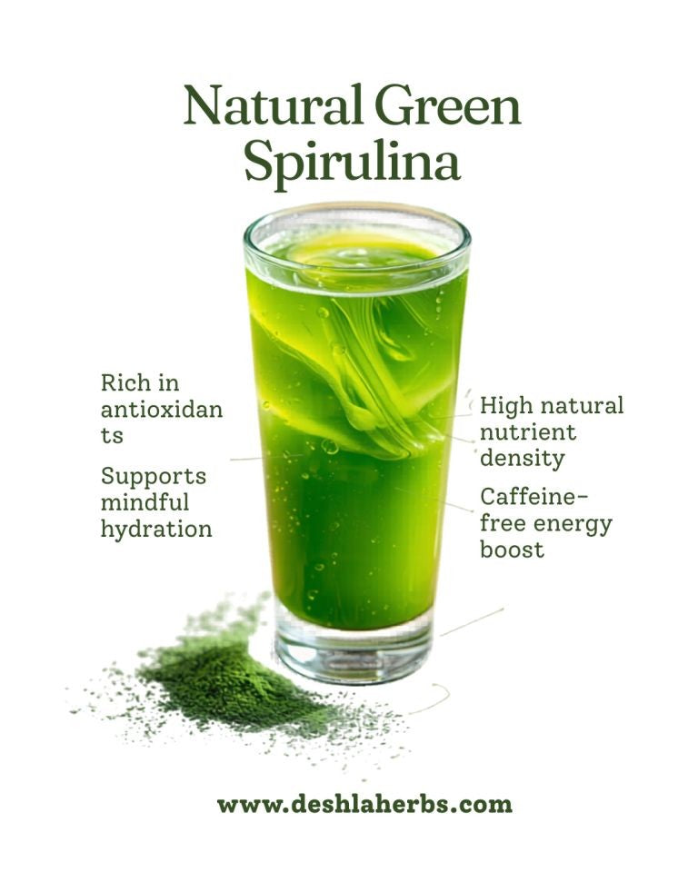 Glass of green spirulina with text highlighting benefits on a white background