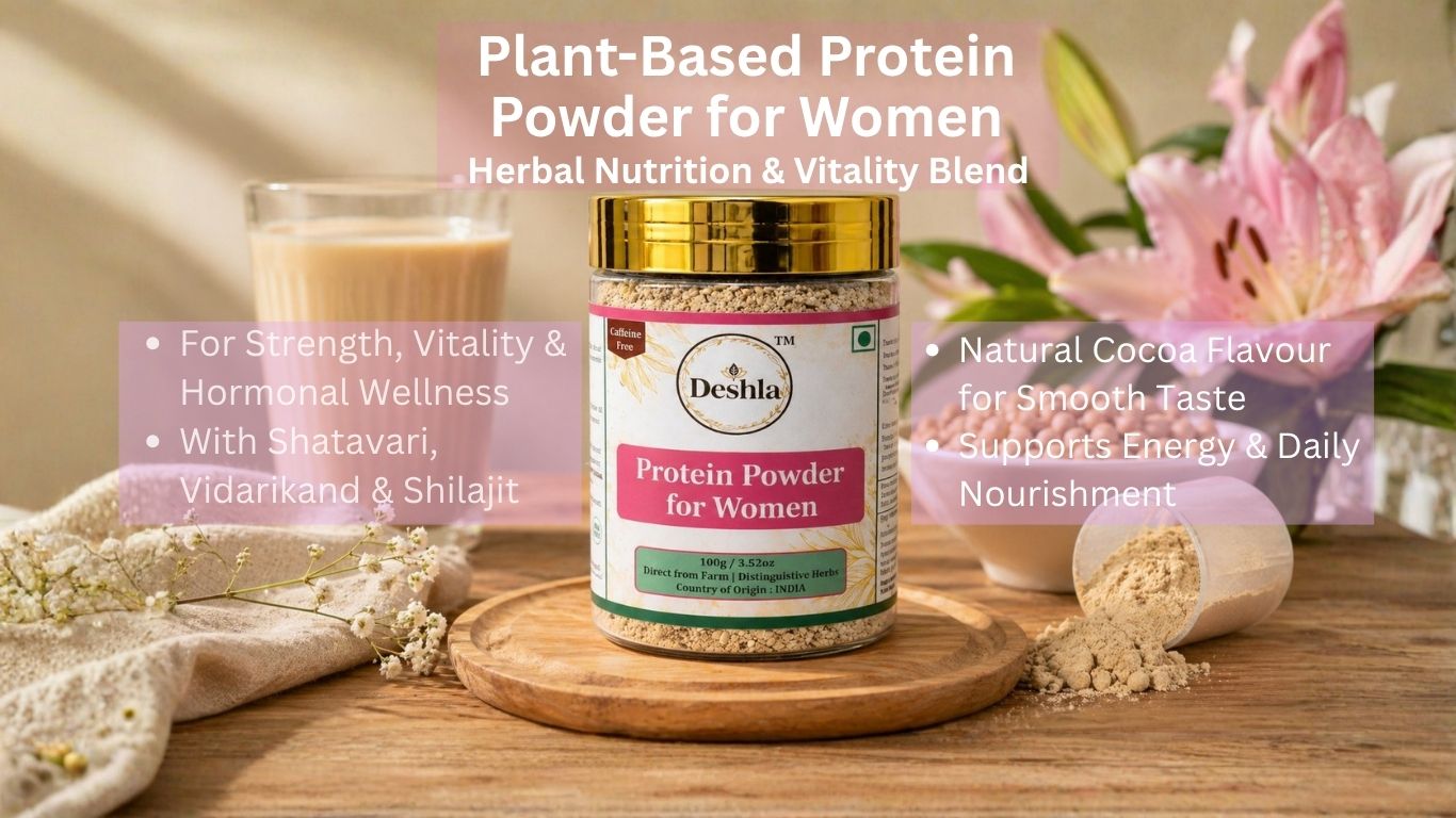 Deshla Protein Powder for Women on a wooden surface with flowers and a glass of tea in the background.