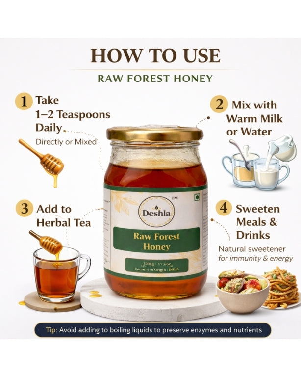 Deshla Raw Forest Honey jar with usage instructions on a white background
