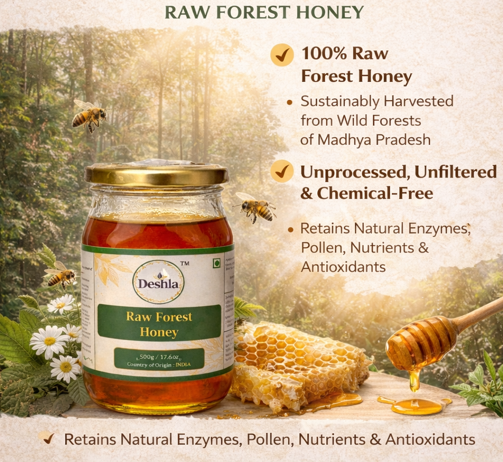 Raw forest honey jar with honey dipper and honeycomb, pure unfiltered natural honey from India 