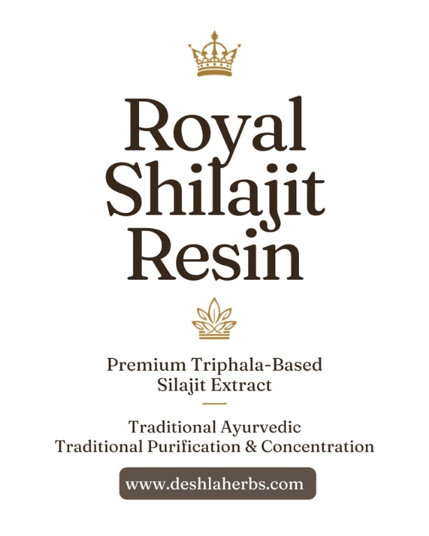 Advertisement for Royal Shilajit Resin with branding and product description on a white background.