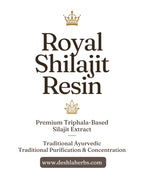 Advertisement for Royal Shilajit Resin with branding and product description on a white background.