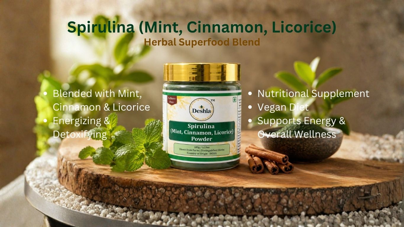Deshla Spirulina Mint, Cinnamon, and Licorice powder jar on a wooden platform with herbs and spices.