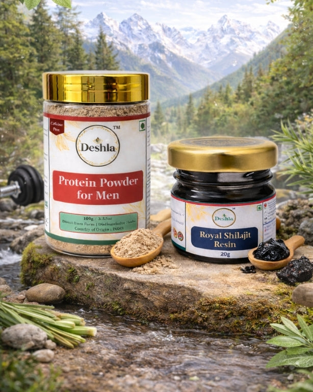 Two jars of Deshla products on a rock with a mountainous background