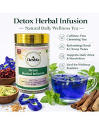 Deshla Detox Herbal Infusion packaging with a cup of tea, herbs, and cinnamon sticks on a white background.