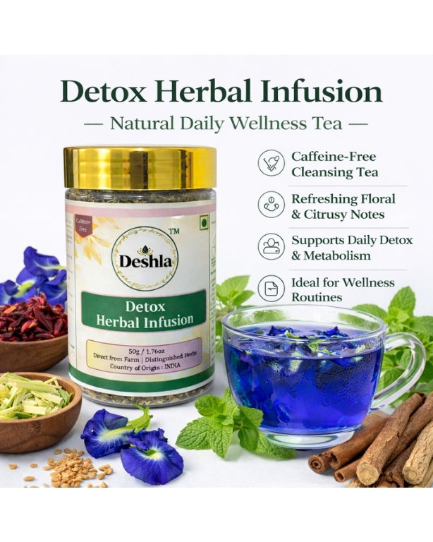 Deshla Detox Herbal Infusion packaging with a cup of tea, herbs, and cinnamon sticks on a white background.