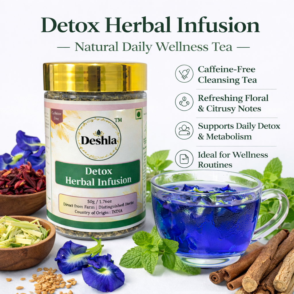 Detox herbal infusion tea with butterfly pea, hibiscus, lemongrass, and mint for refreshing wellness drink