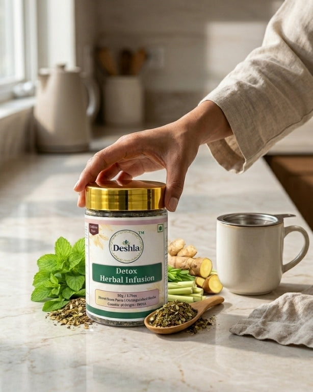 Person holding a jar of 'Deshla Detox Herbal Infusion' on a kitchen counter with herbs and a mug.