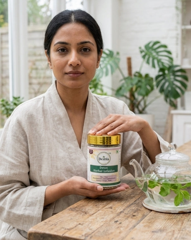 Woman holding a Dabur product in a home setting with plants and a teapot.