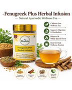 Fenugreek Plus Herbal Infusion packaging with tea, herbs, and cup on a white background