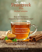 Fenugreek herbal infusion with a cup of tea, seeds, and cinnamon sticks on a wooden surface.