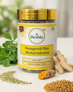 Deshla Fenugreek Plus Herbal Infusion jar with fenugreek seeds and leaves on a white surface.