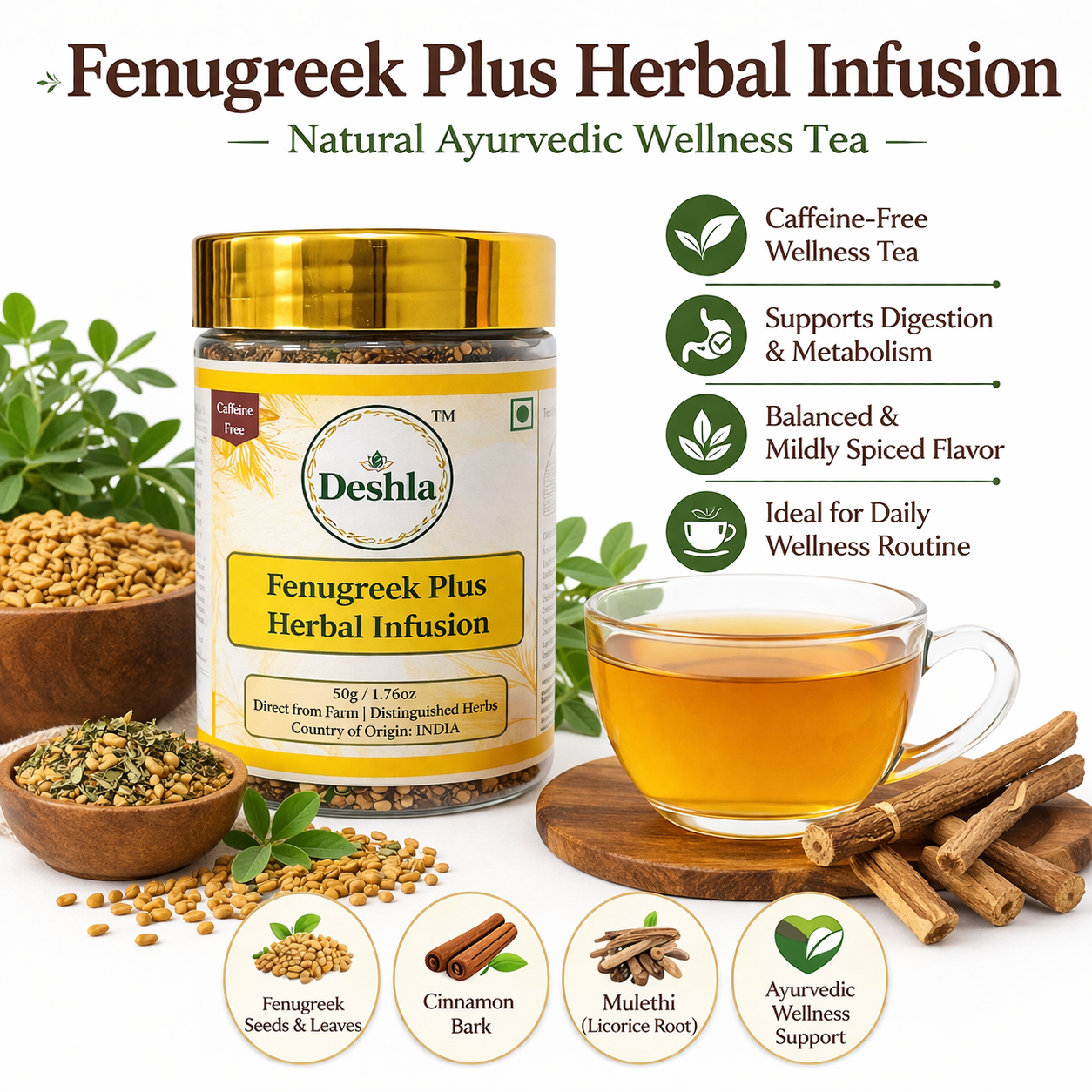 Fenugreek Plus Herbal Infusion jar with methi seeds, cinnamon, and mulethi, caffeine-free Ayurvedic wellness tea for digestion and daily health
