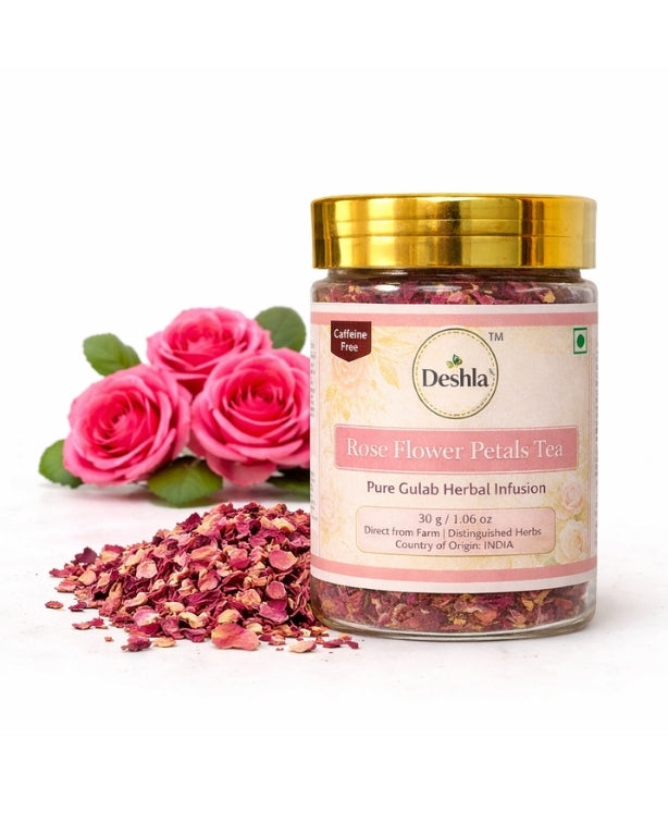 Jar of Deshla Rose Flower Petals Tea with pink roses on a white background