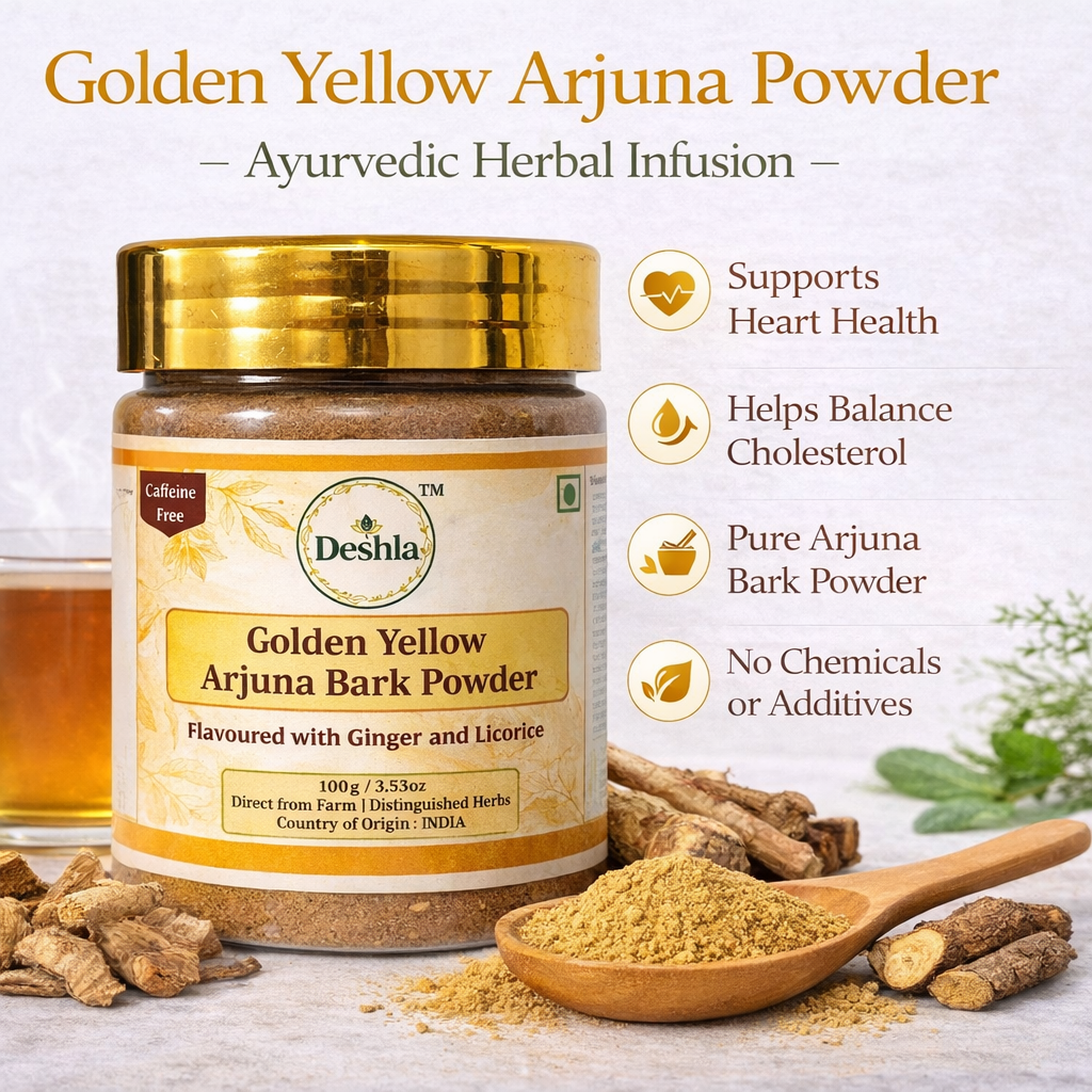 Arjuna bark powder with golden herbal tea cup, Ayurvedic infusion for heart health and wellness