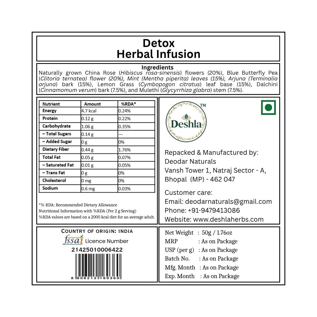 Detox Herbal Infusion label with nutritional information and contact details on a white background