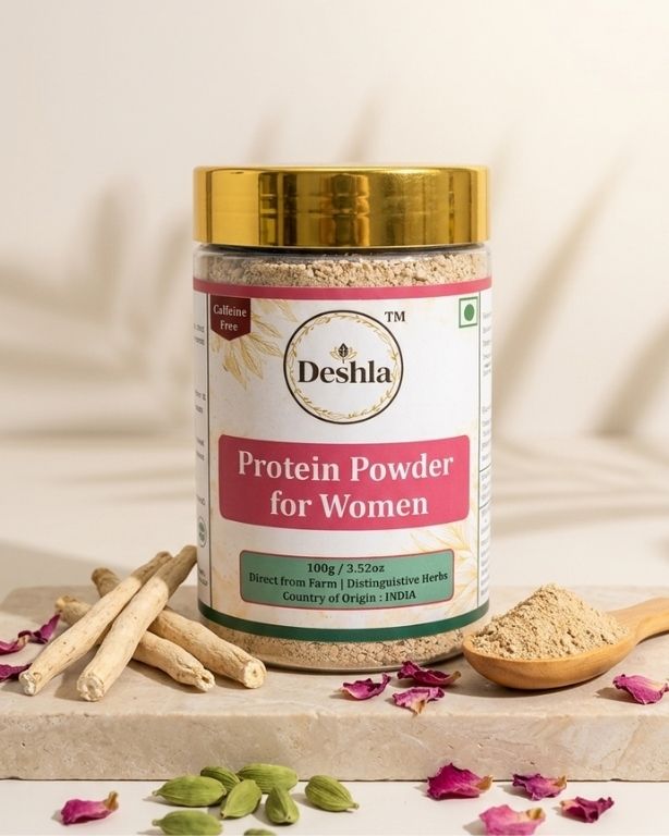 Deshla Protein Powder for Women jar with ingredients on a light background