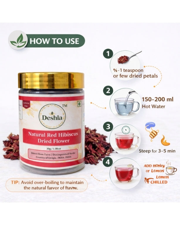 Deshla Natural Red Hibiscus Dried Flower packaging with usage instructions on a white background