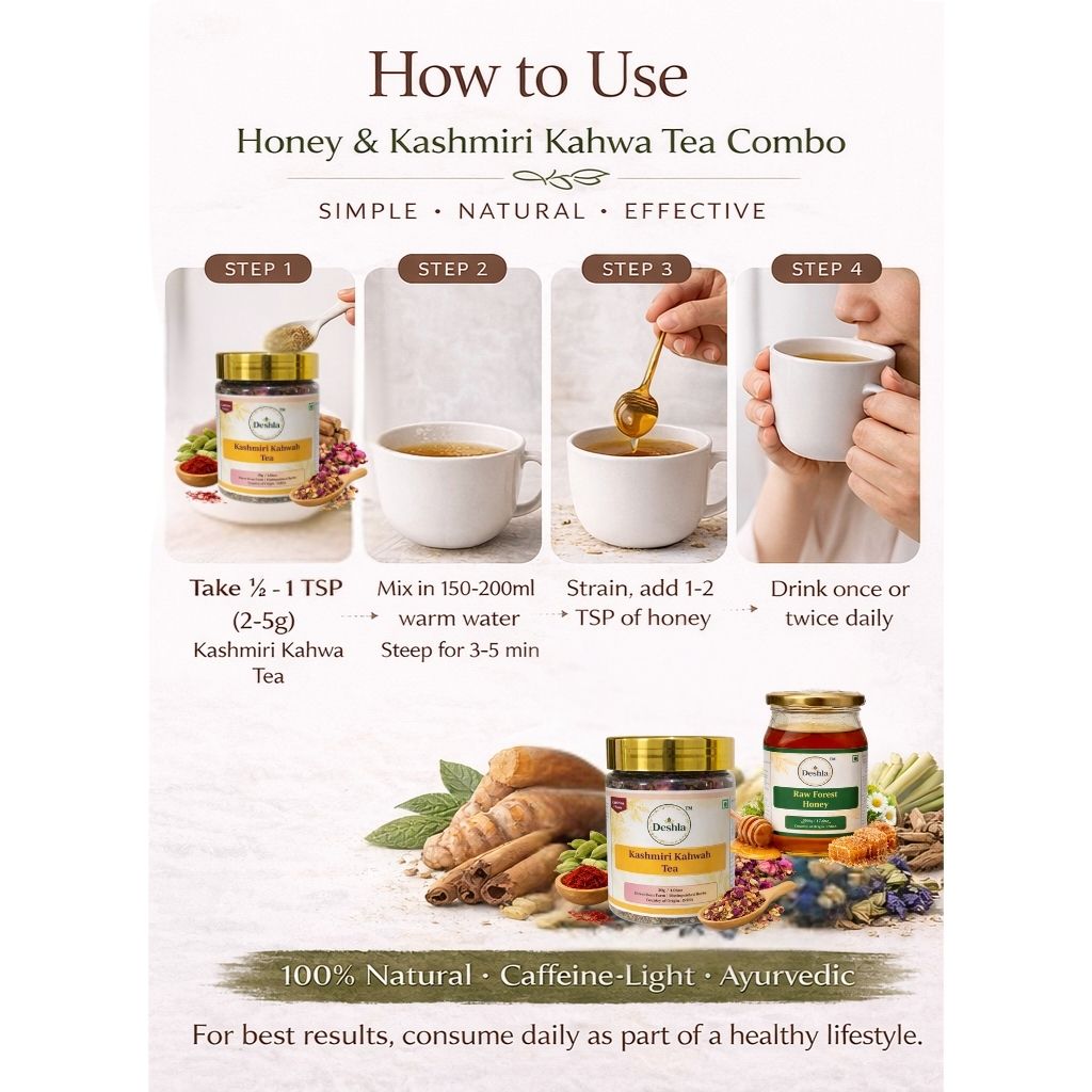 Instructions on how to use a honey and Kashmiri Kahwa tea combo with step-by-step images and product display.