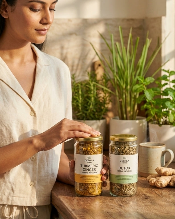 Woman holding a jar of Deshla Turmeric Ginger with another jar labeled Detox on a wooden table.