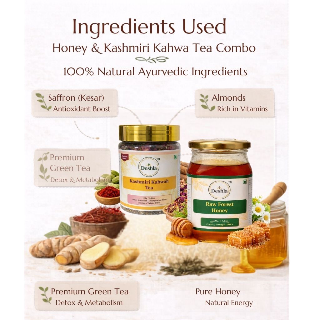 Ingredients used in a Kashmiri Kahwa Tea Combo with honey and green tea on a white background.