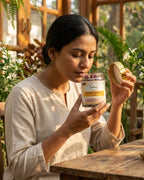 Woman holding a jar of Patanjali Ayurvedic product outdoors with plants in the background