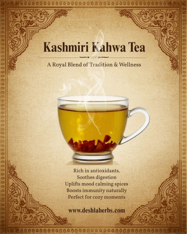 Advertisement for Kashmiri Kahwa Tea with a steaming cup of tea on a textured background.