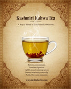 Advertisement for Kashmiri Kahwa Tea with a steaming cup of tea on a textured background.