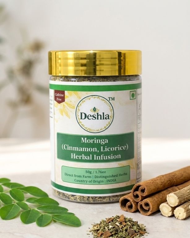 A jar of moringa, cinnamon, and licorice in whitish background