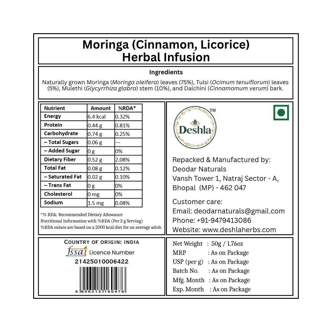 Label for Moringa (Cinnamon, Licorice) Herbal Infusion with Deshla branding
