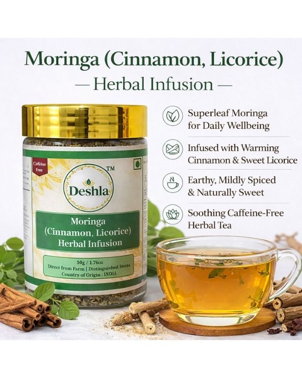 description of moringa, cinnamon, and licorice and a cup of their infusion