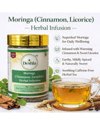 description of moringa, cinnamon, and licorice and a cup of their infusion