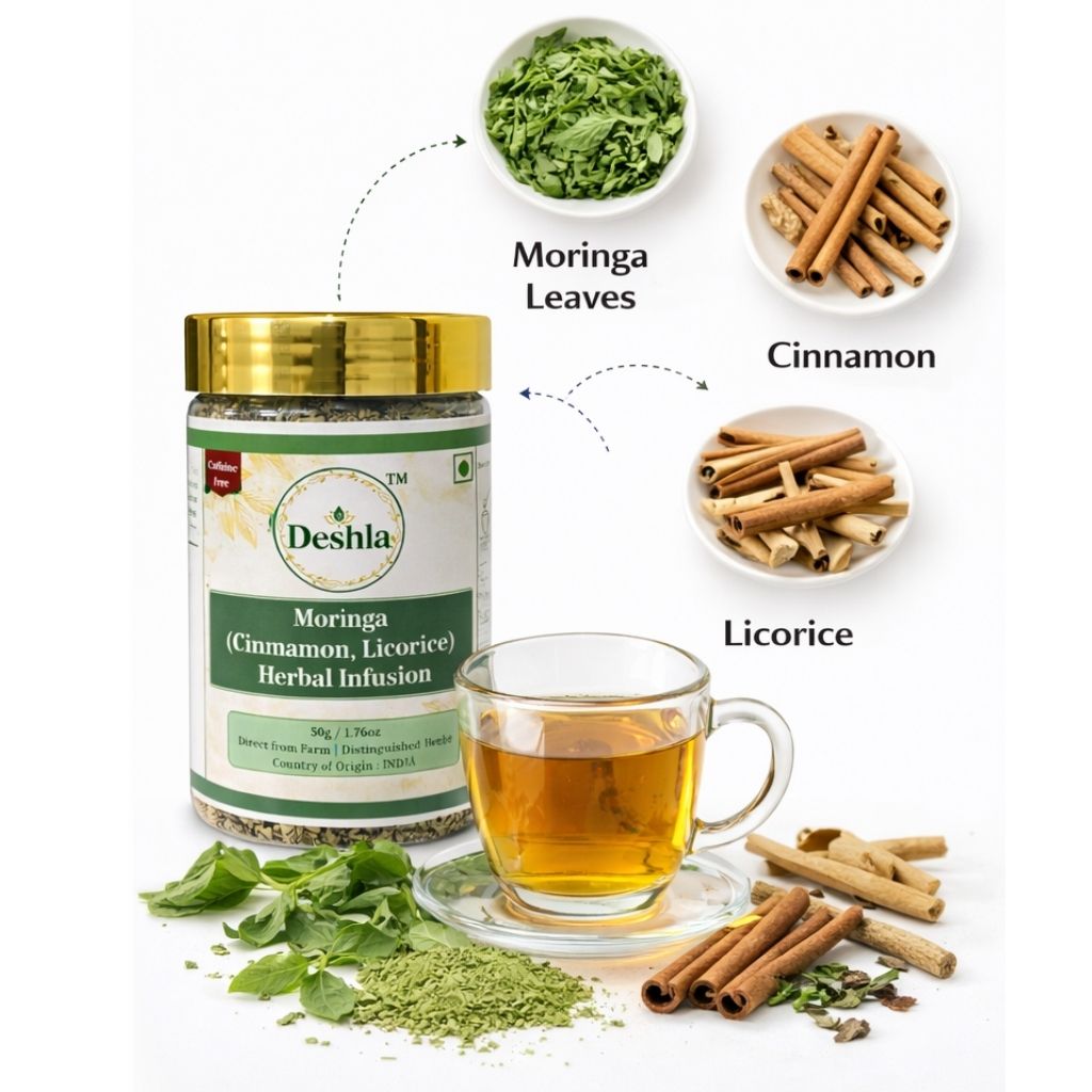 Deshla Moringa Herbal Infusion with ingredients on a white background