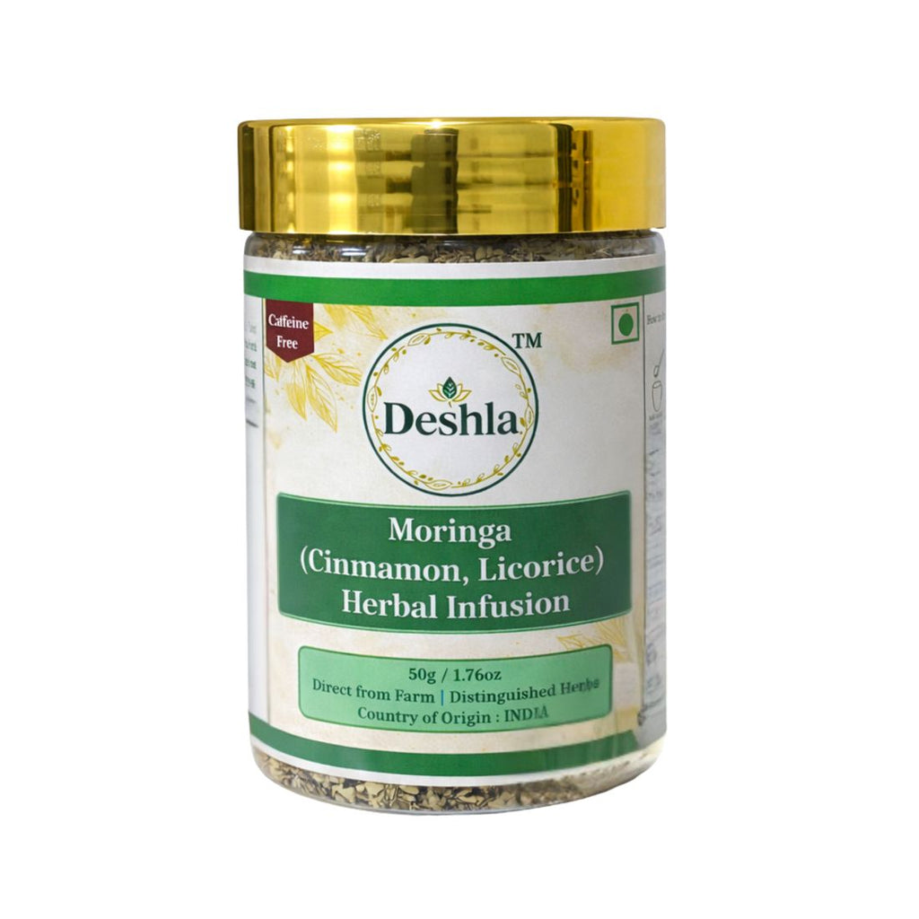 Deshla Moringa Herbal Infusion jar with gold lid on a white background