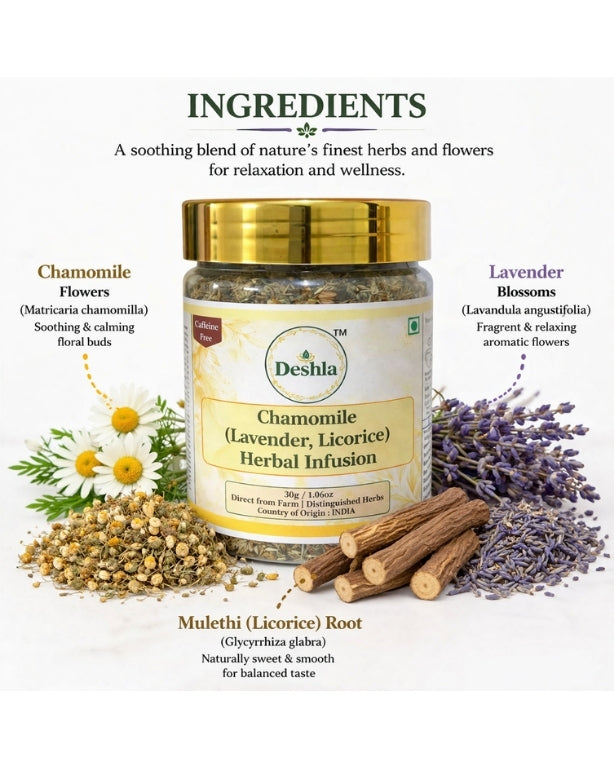 Deshla Chamomile Lavender Licorice Herbal Infusion with ingredients on a white background