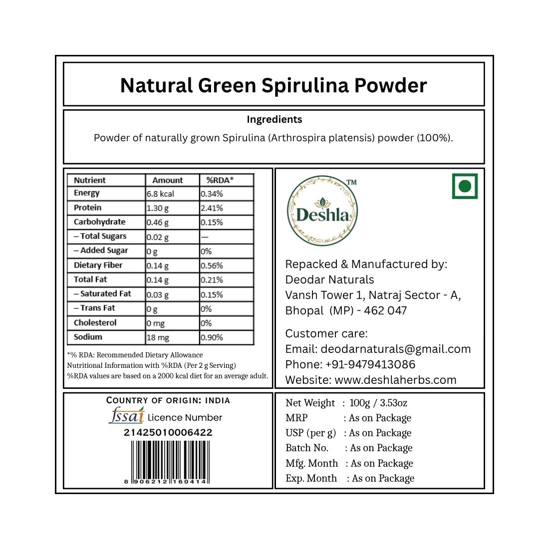 Label of Natural Green Spirulina Powder with nutritional information and Deshla branding.