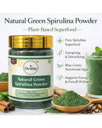 Deshla Natural Green Spirulina Powder packaging with ingredients and benefits listed.