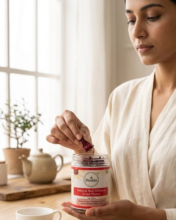 Woman holding a jar of Deshla Natural Red Hibiscus Dried Flower with a teacup and teapot in the background.