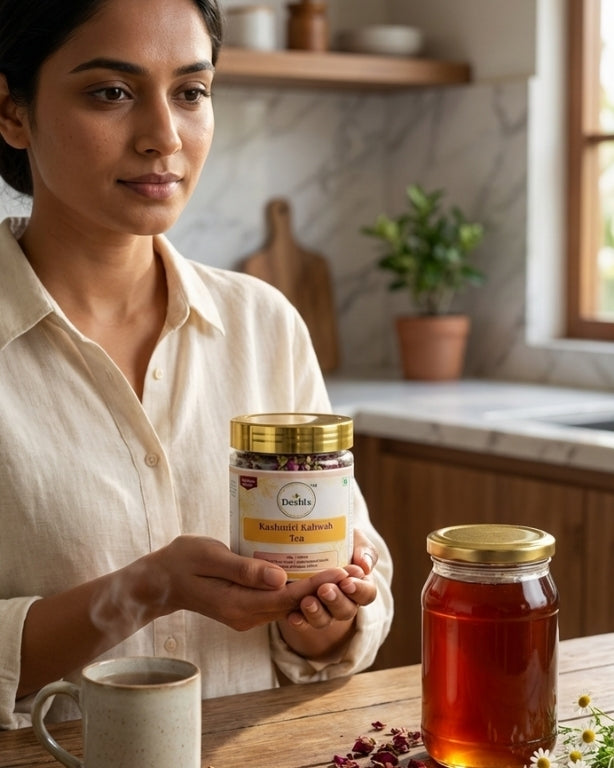 Woman holding a jar of tea in a kitchen setting with honey and a mug on the table.