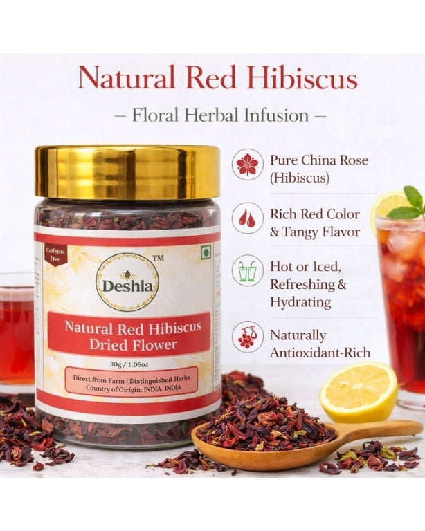 Deshla Natural Red Hibiscus dried flower jar with tea and lemon on a white background