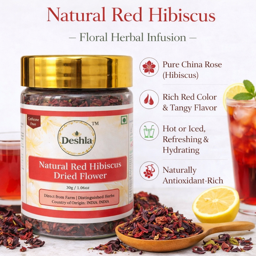 Red hibiscus dried flowers with herbal tea cup, natural antioxidant floral infusion for refreshment