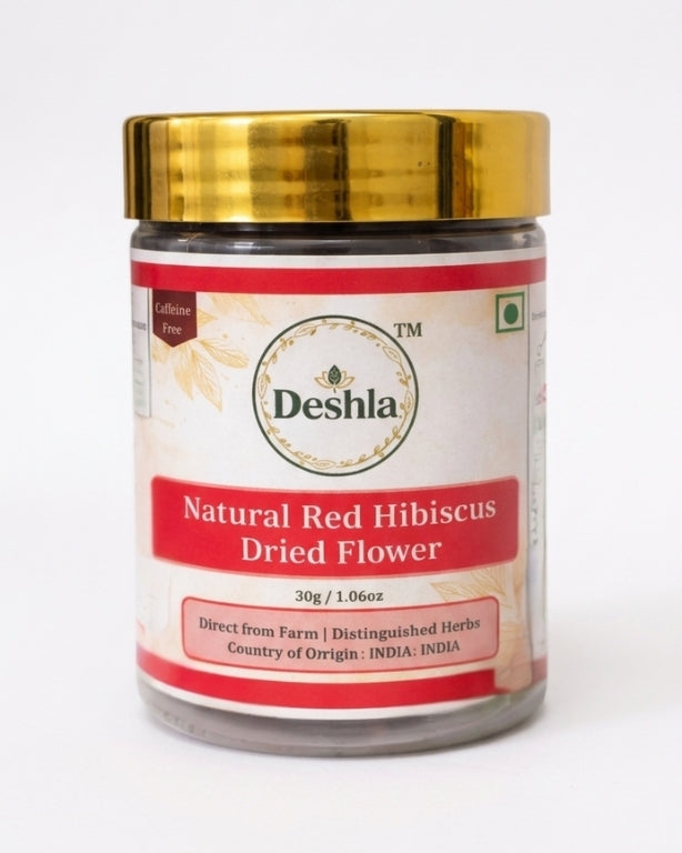 Jar of Deshla Natural Red Hibiscus Dried Flower on a white background
